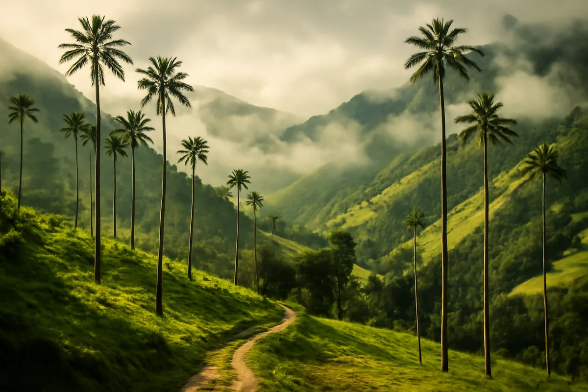 Misty Cocora Valley in Colombia's Coffee Region, featuring towering wax palm trees rising above rolling green Andean hills under soft morning light