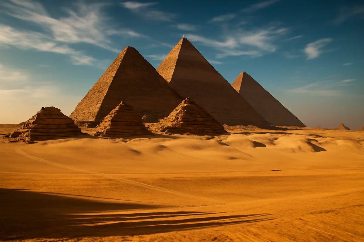 The Great Pyramids of Giza rising majestically from the golden Egyptian desert under a warm afternoon sun with dramatic shadows across the ancient stone structures