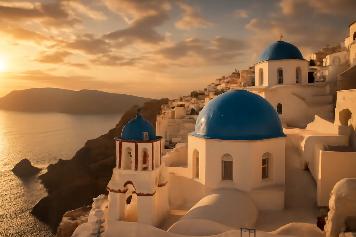 Whitewashed Cycladic architecture with blue-domed churches overlooking the Santorini caldera at golden hour