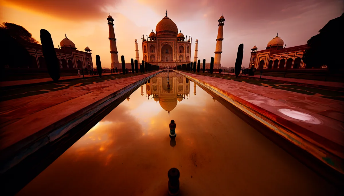 The iconic Taj Mahal in India photographed during golden hour, with its white marble dome and minarets reflected in the long water pools, set against a warm sunset sky