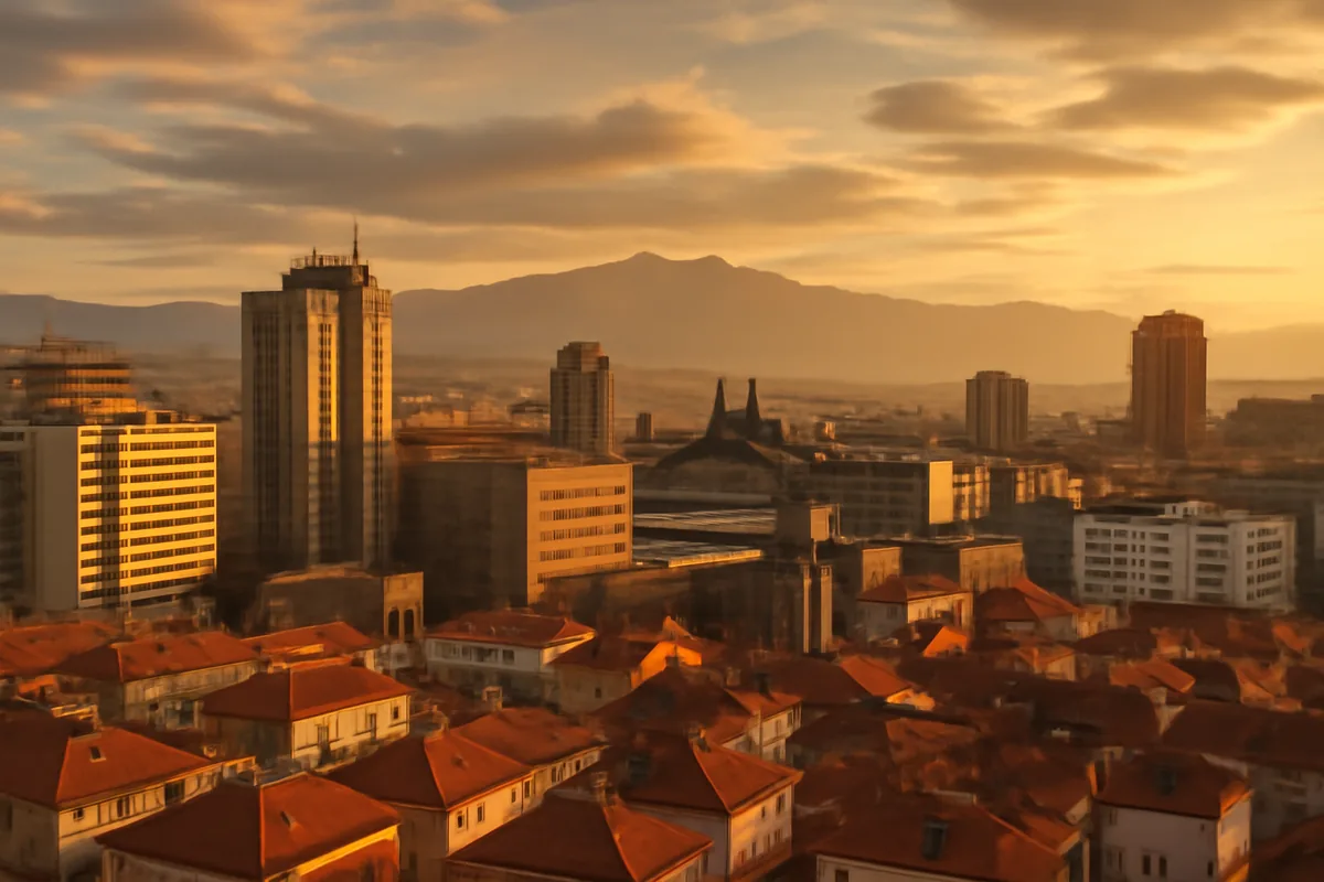 Panoramic golden hour view of Pristina, Kosovo, with a mix of communist-era and modern architecture against a backdrop of the Balkan mountains