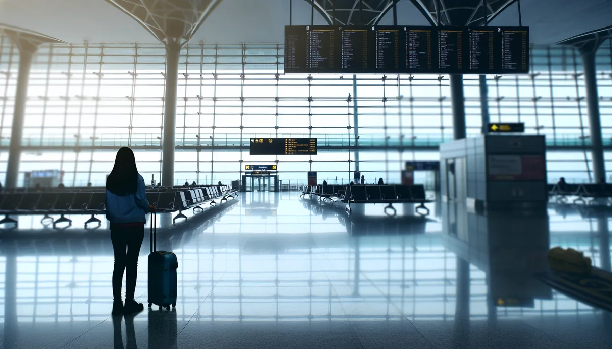 Silhouette of a traveler standing alone in a modern airport terminal with departure gates and signage blurred in the background