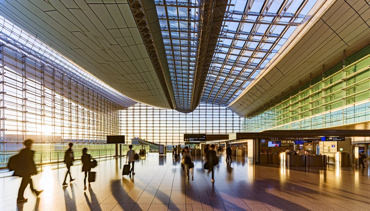Modern airport terminal interior in Tokyo with travelers walking through glass corridors, featuring dramatic lighting and contemporary architecture