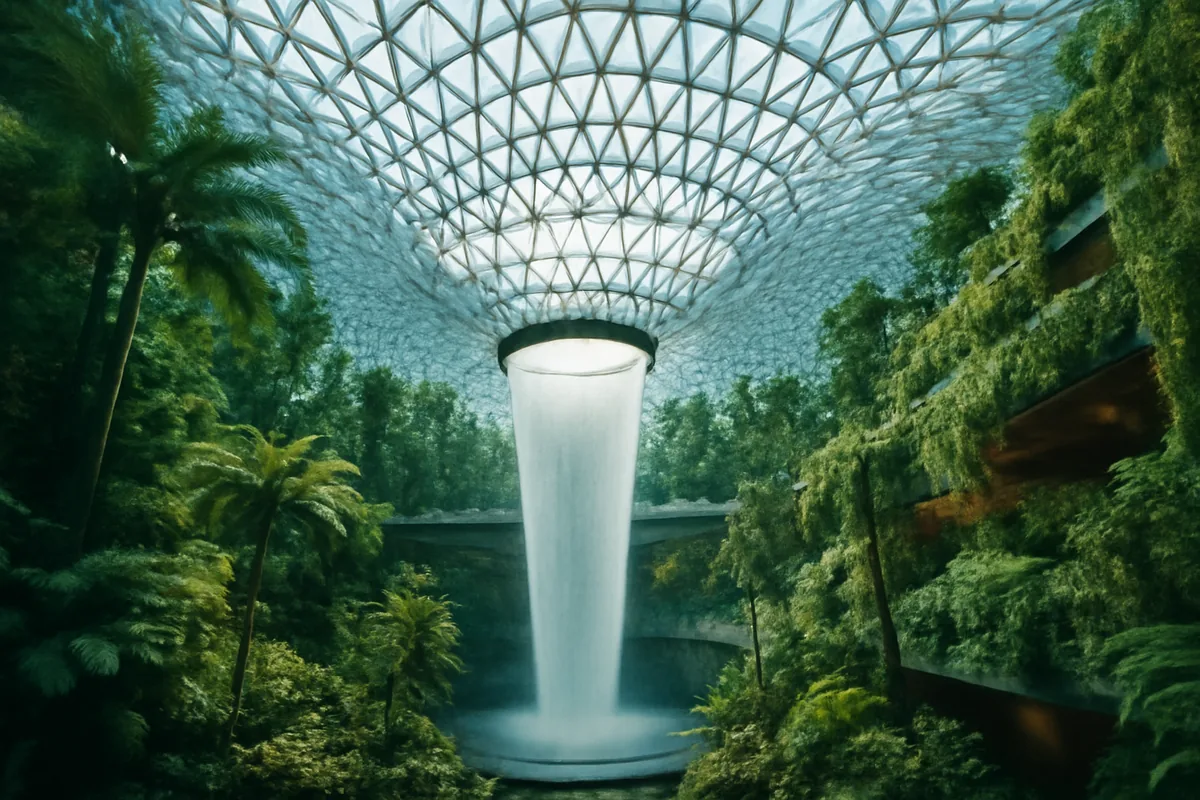 The stunning interior of Singapore Changi Airport featuring its iconic lush indoor garden and soaring glass ceiling with natural light flooding the terminal