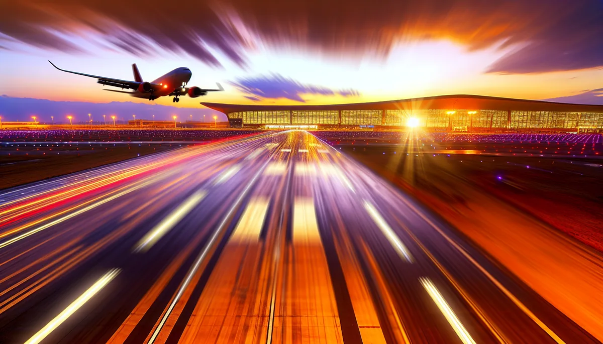 Commercial airplane landing at an international airport during sunset with runway lights and terminal building in the background
