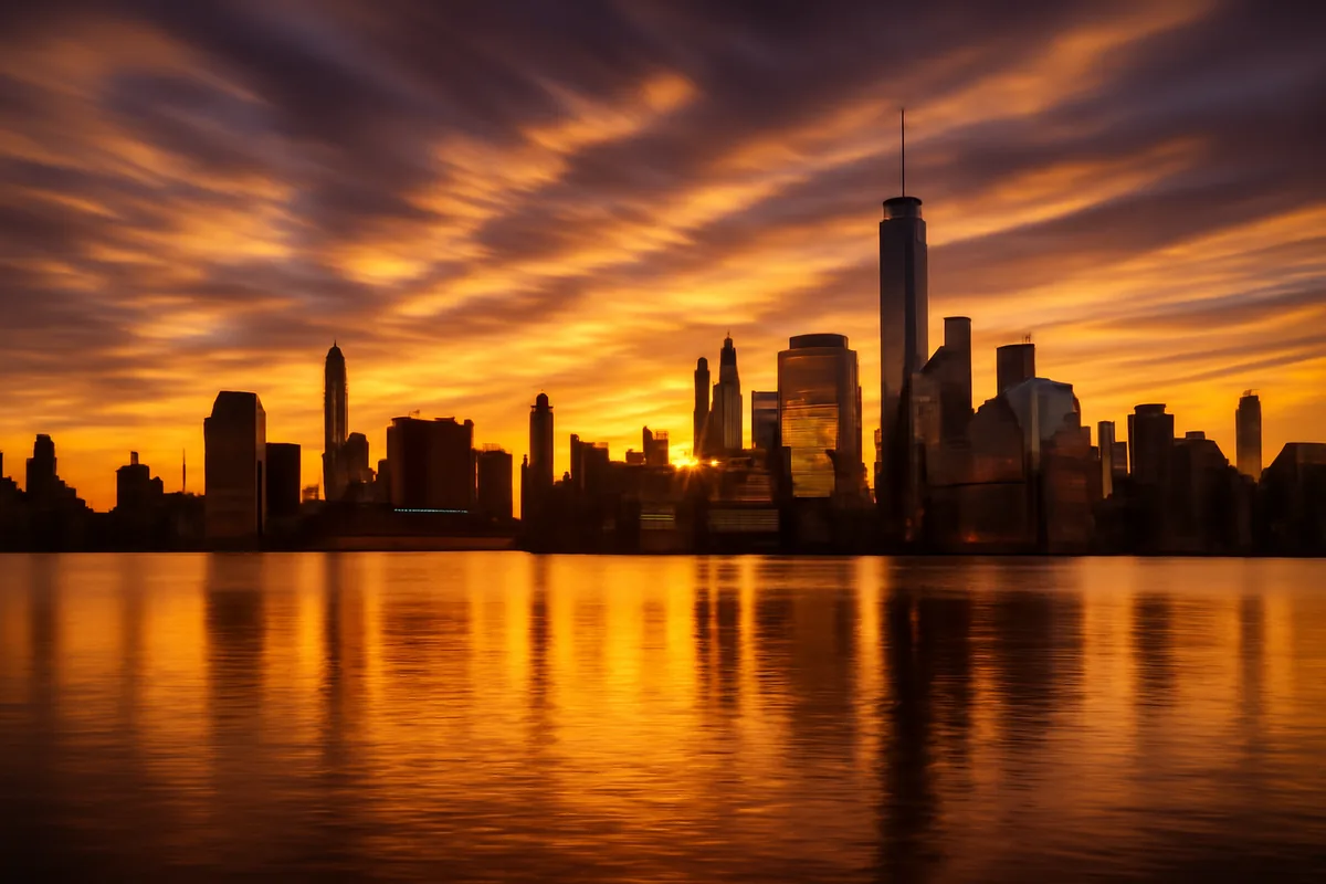New York City skyline at golden hour reflected in the Hudson River, with Manhattan skyscrapers bathed in warm amber and orange sunset light
