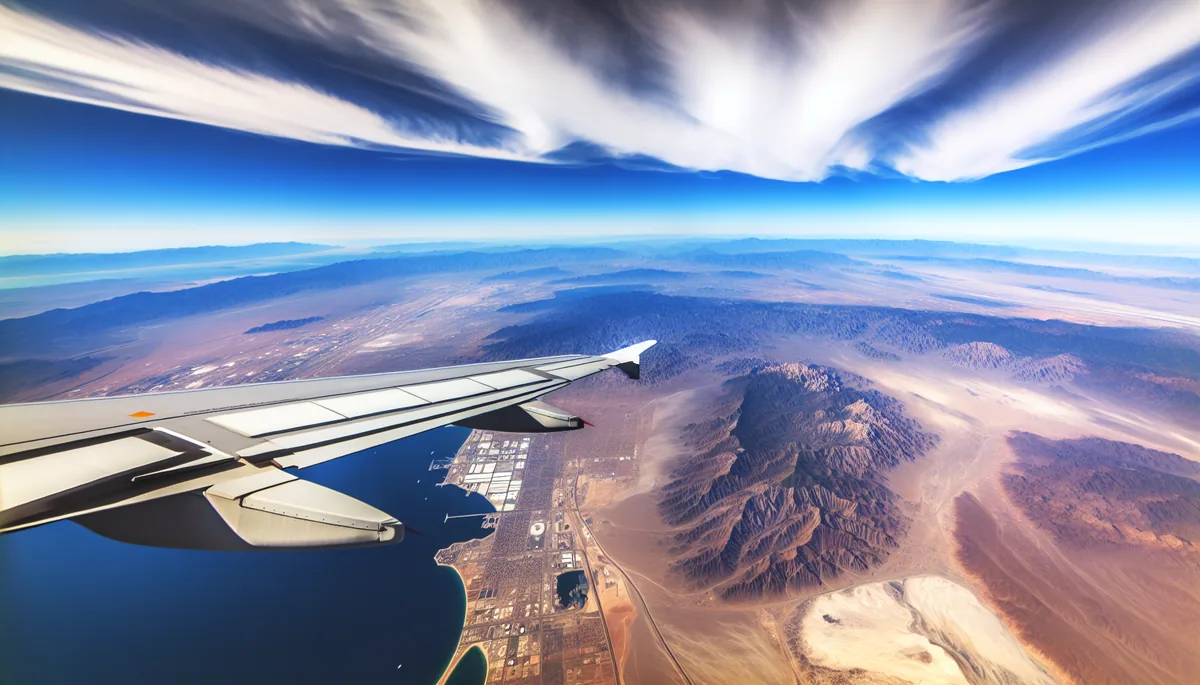 Aerial view from airplane window showing diverse landscapes and cities below, representing international travel and global connectivity