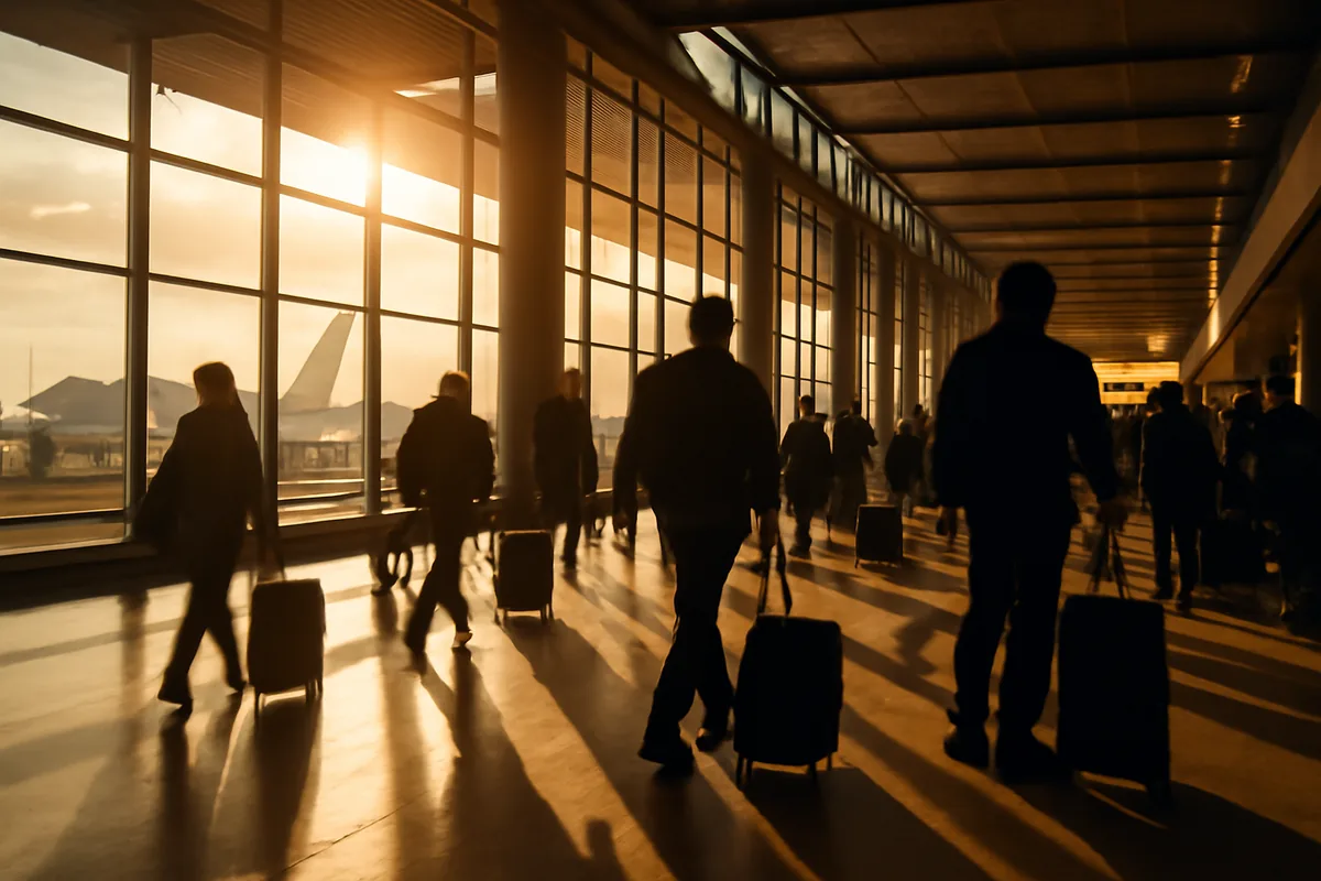Modern international airport terminal with travelers walking through spacious corridors, large windows showing planes on the tarmac outside