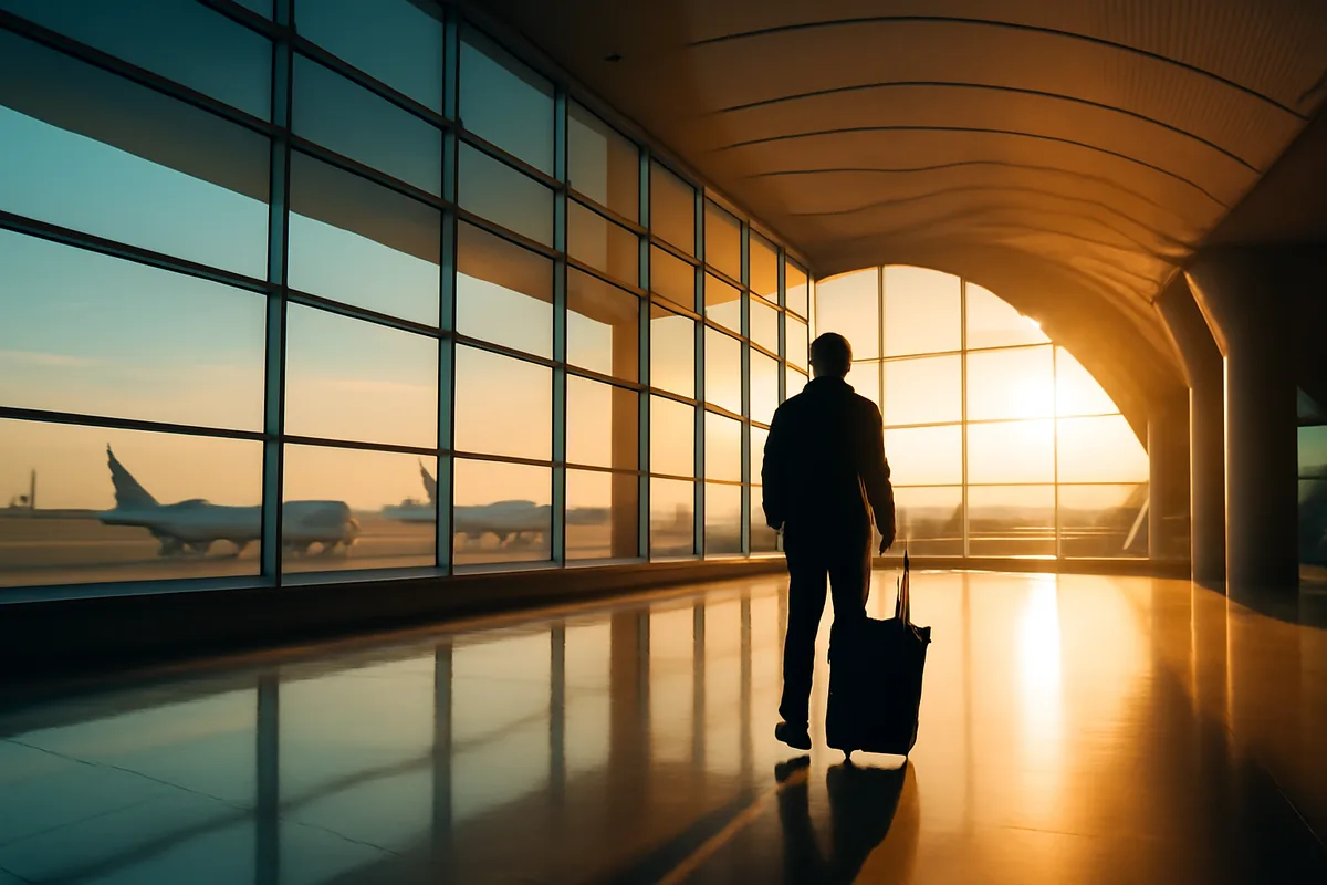 A silhouetted traveler walking through a sunlit modern international airport terminal with large windows overlooking the tarmac