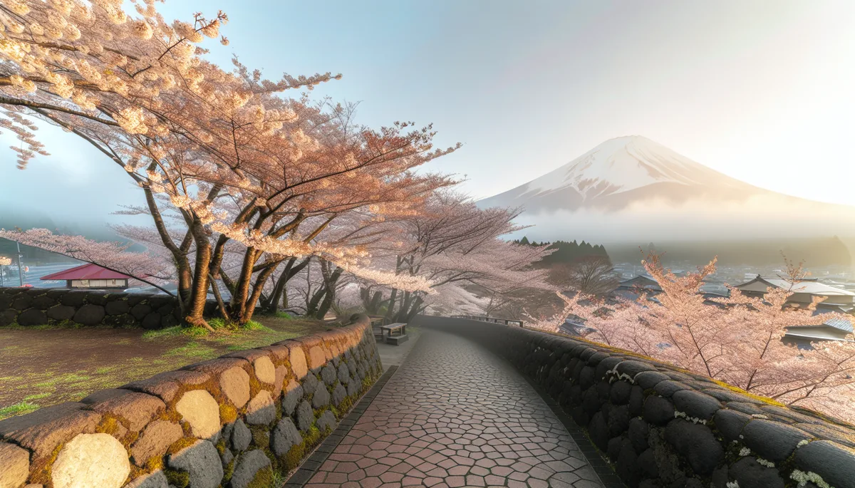 Beautiful cherry blossom trees in full bloom lining a traditional Japanese stone pathway with Mount Fuji visible in the misty background during golden hour