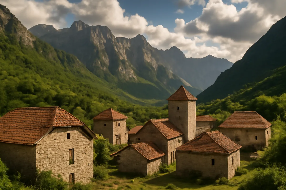 A traditional stone village nestled in a lush green valley in Kosovo, surrounded by dramatic mountain peaks under warm golden afternoon light