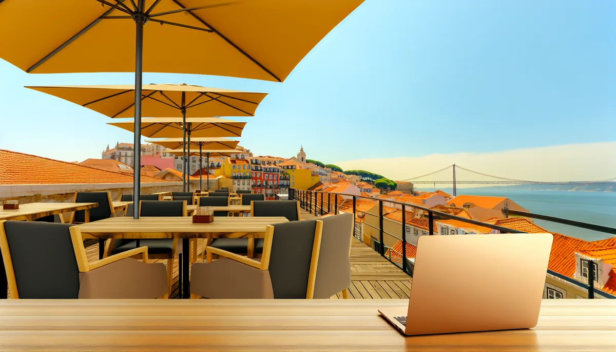 Scenic café terrace in Lisbon with workspace seating overlooking colorful Portuguese rooftops and the Tagus River in warm afternoon light