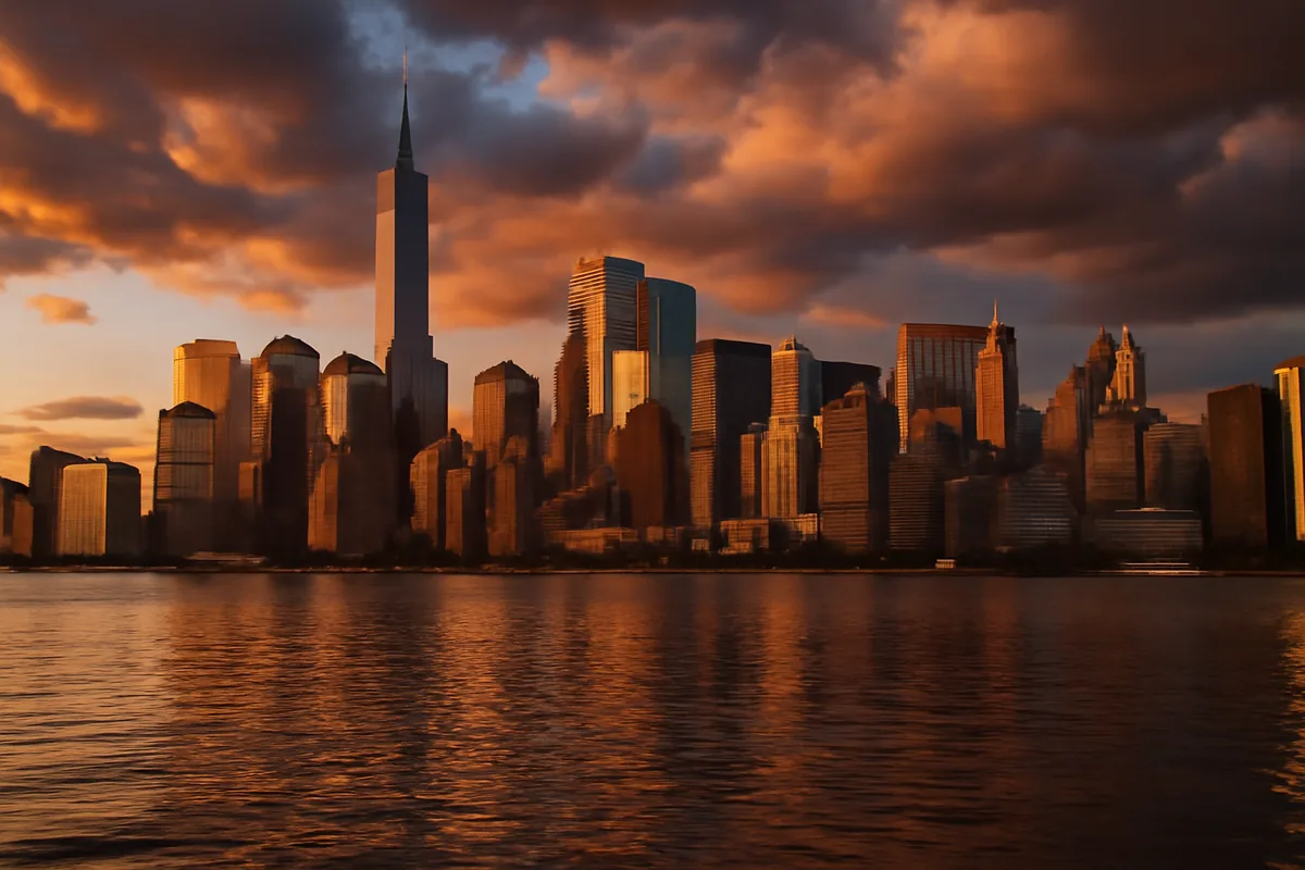 New York City Manhattan skyline at golden hour with skyscrapers reflecting warm light on the Hudson River under a dramatic sunset sky