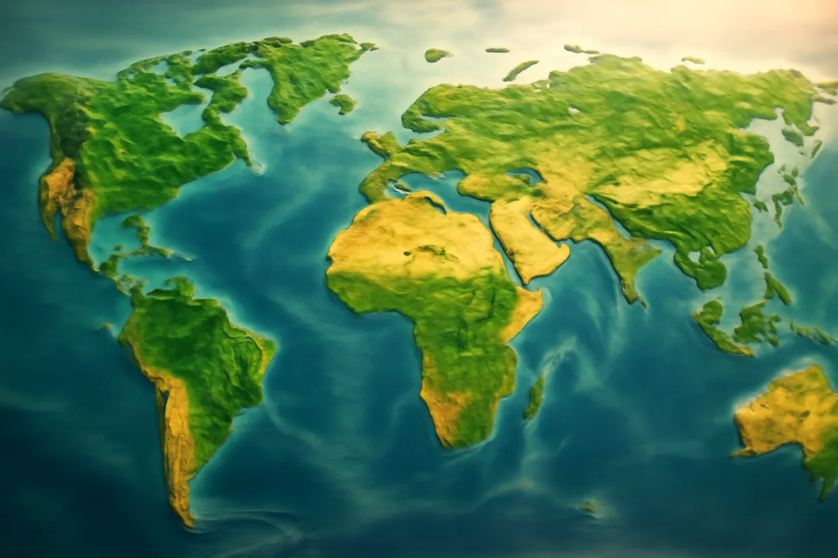 Aerial landscape view representing global travel destinations, with diverse terrain including green hills, golden deserts, and deep blue oceans blending together in a wide panoramic composition