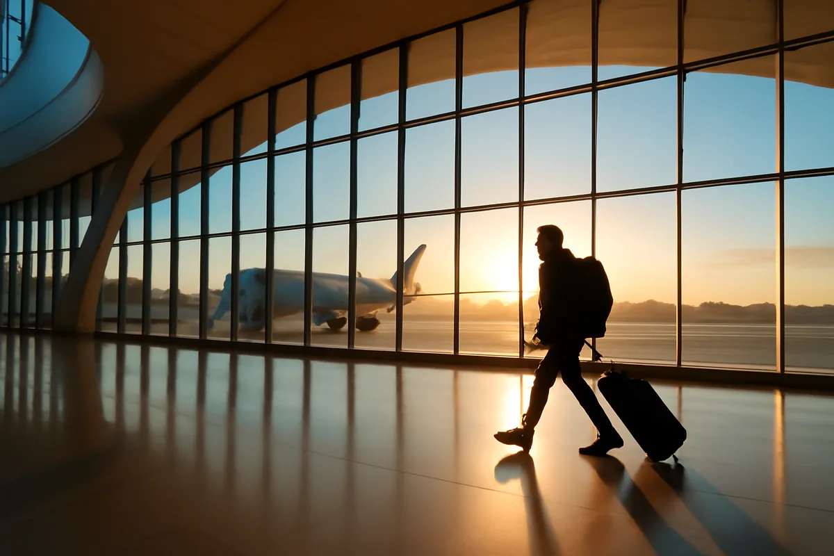 A silhouetted traveler walking through a modern airport terminal with large windows overlooking planes on the tarmac at golden hour