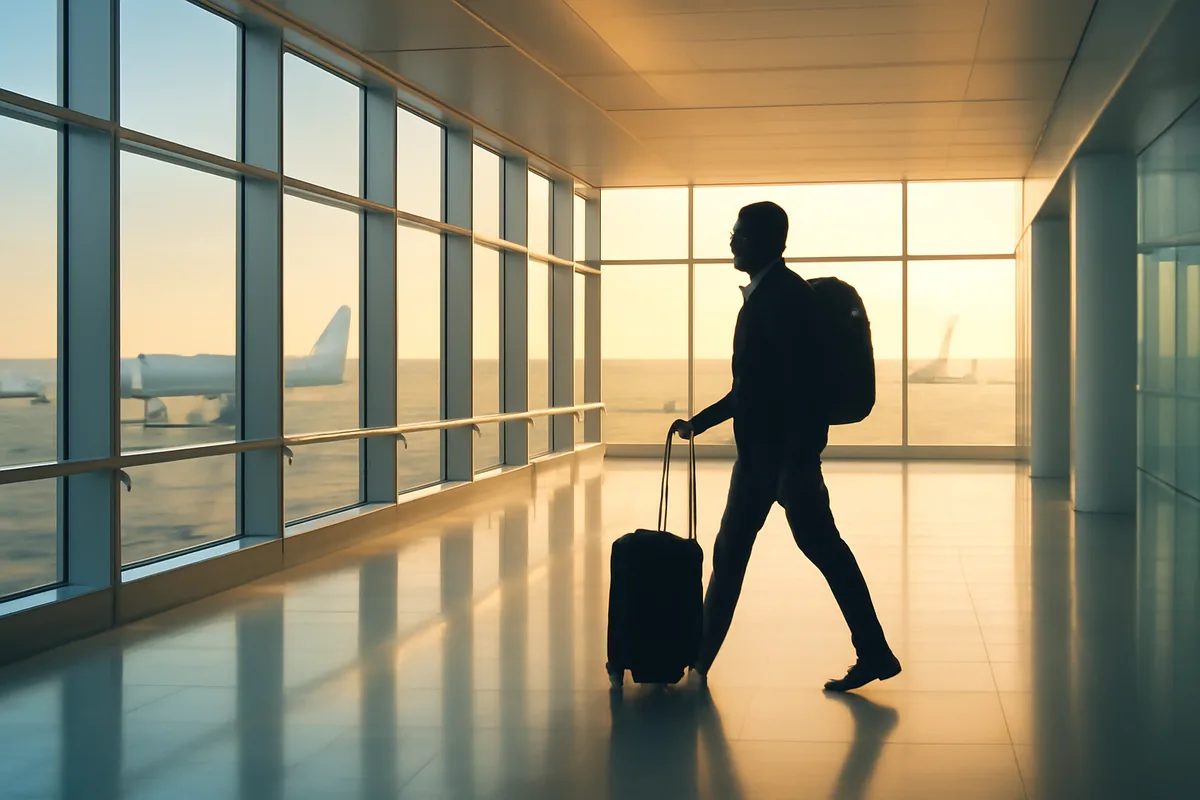 A traveler's silhouette walking through a sunlit modern airport terminal with large windows overlooking planes on the tarmac