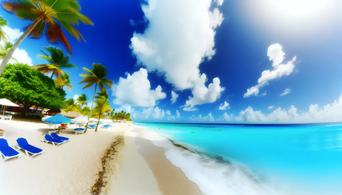 Beautiful Caribbean beach scene with crystal clear turquoise water, white sand, palm trees, and colorful beach umbrellas under a bright blue sky