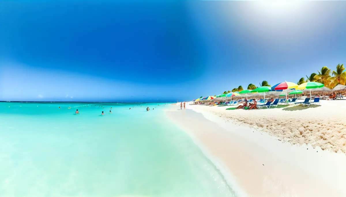 Stunning Caribbean beach scene with turquoise waters, white sand, palm trees, and distant silhouettes of spring break travelers under a bright blue sky