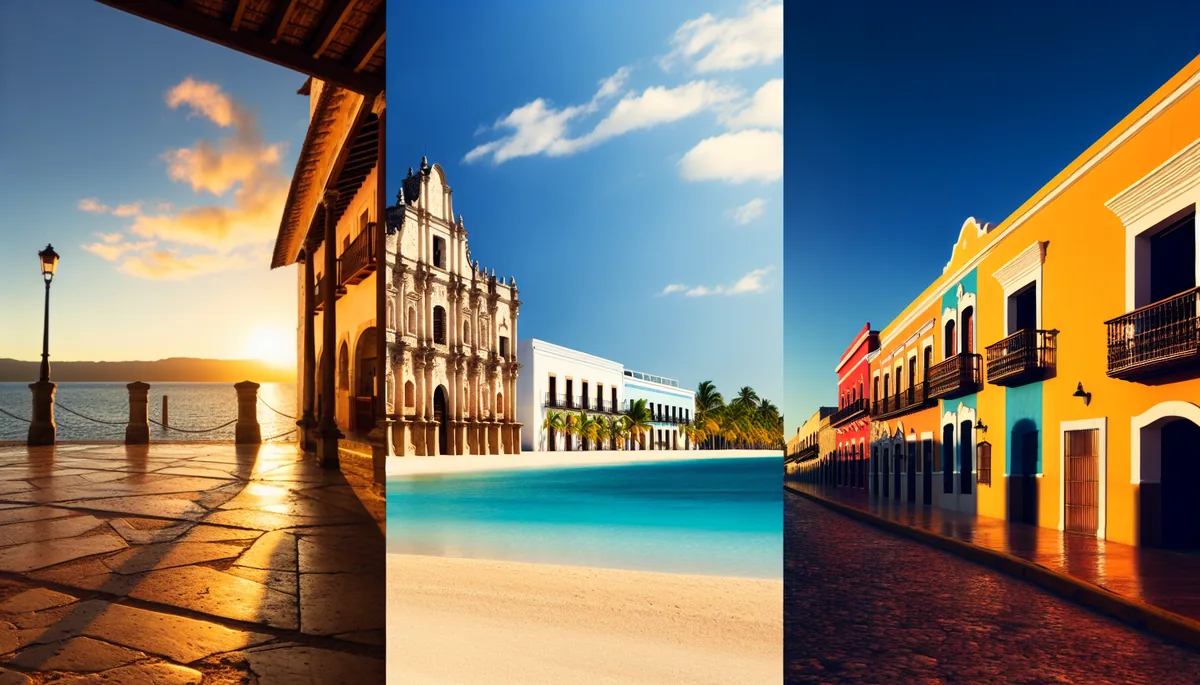 Split composition travel photograph showing three spring break destinations: European historic plaza, Caribbean beach with turquoise waters, and colorful Mexican colonial architecture, all bathed in golden hour lighting