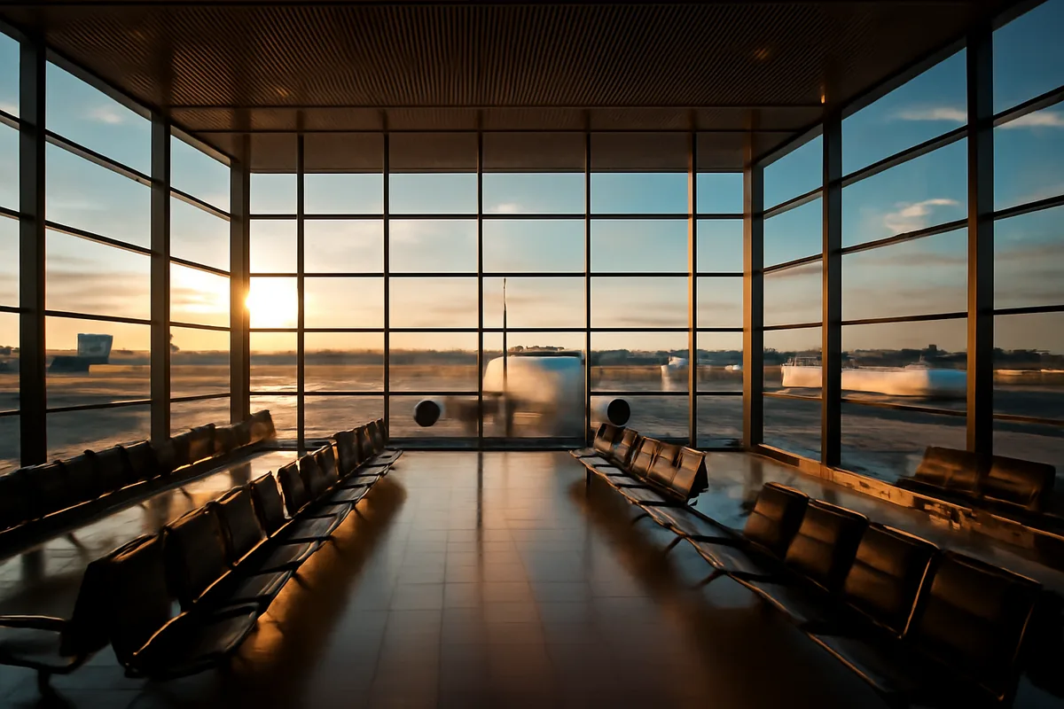 A wide-angle view of a modern international airport terminal with large windows overlooking aircraft on the tarmac at golden hour, conveying global travel and connectivity.