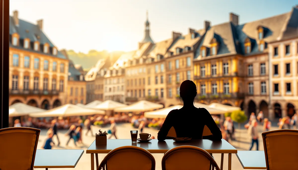 Traveler sitting peacefully at a café overlooking a busy European city square, bathed in warm afternoon sunlight