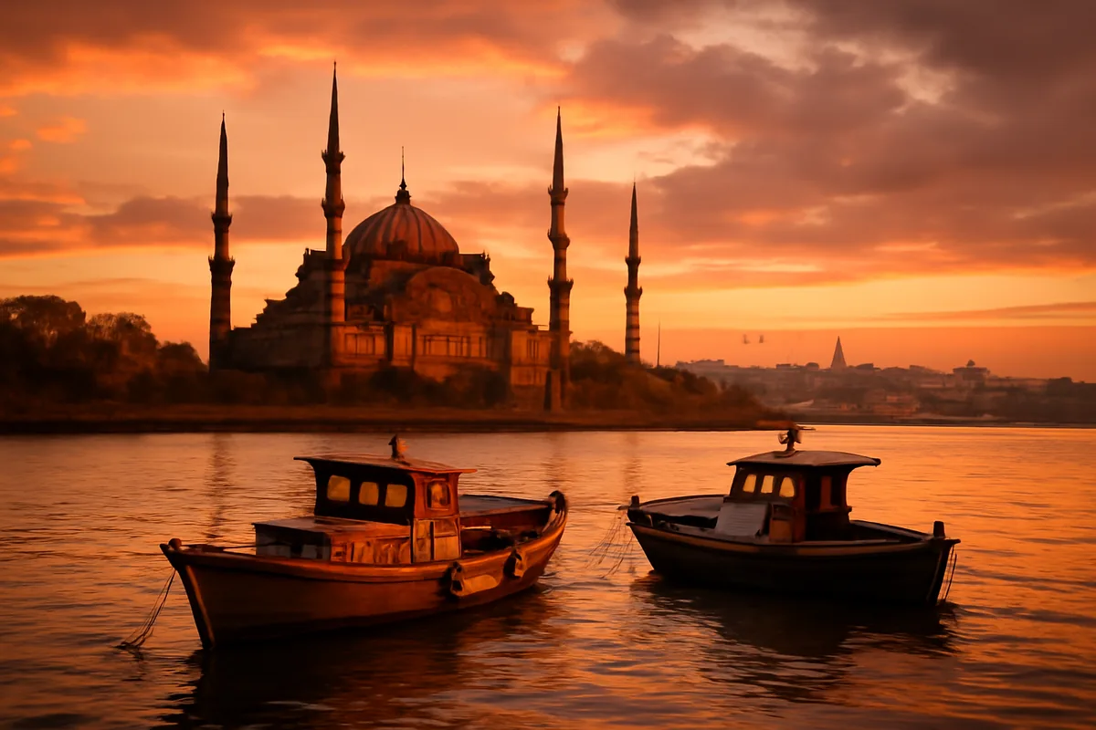 The Blue Mosque and Istanbul skyline reflected in the Bosphorus strait at golden hour, with traditional wooden boats in the foreground