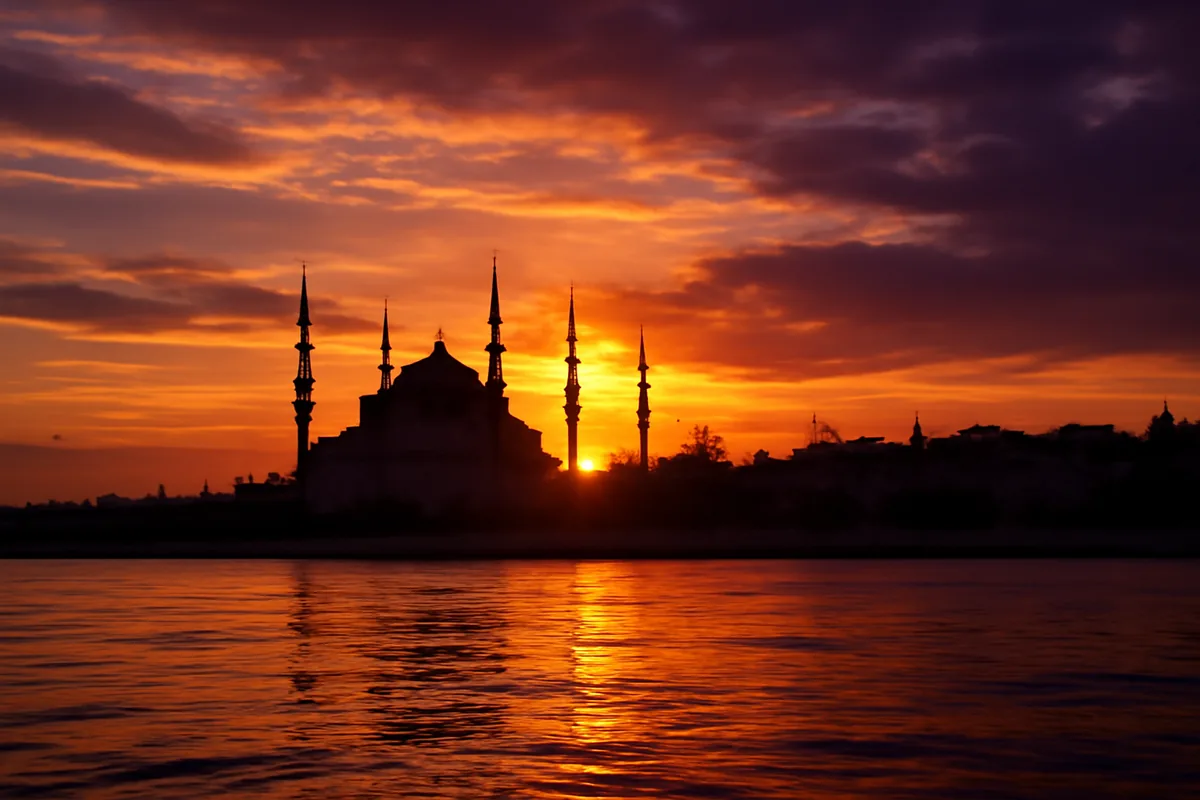 A breathtaking panoramic view of Istanbul's historic skyline at sunset, featuring the Blue Mosque's minarets reflected in the golden waters of the Bosphorus strait