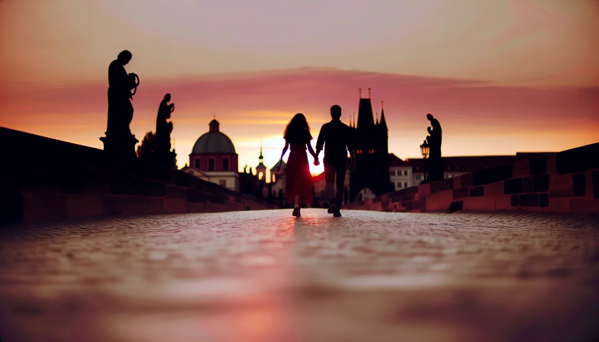 Romantic silhouettes of a couple walking hand in hand across a historic European bridge at sunset with warm golden lighting