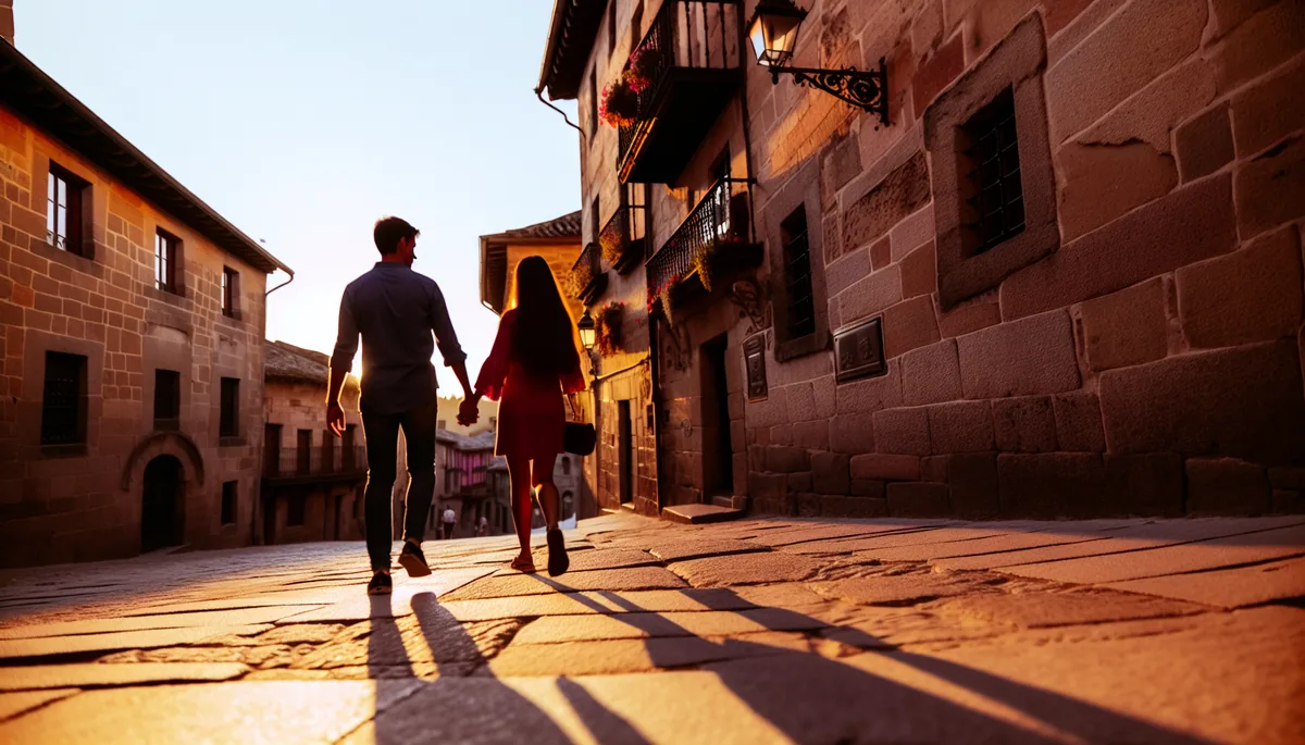 Romantic silhouettes of a couple walking hand in hand down a charming cobblestone street in a European old town during golden hour, with historic architecture and warm lighting creating an intimate atmosphere