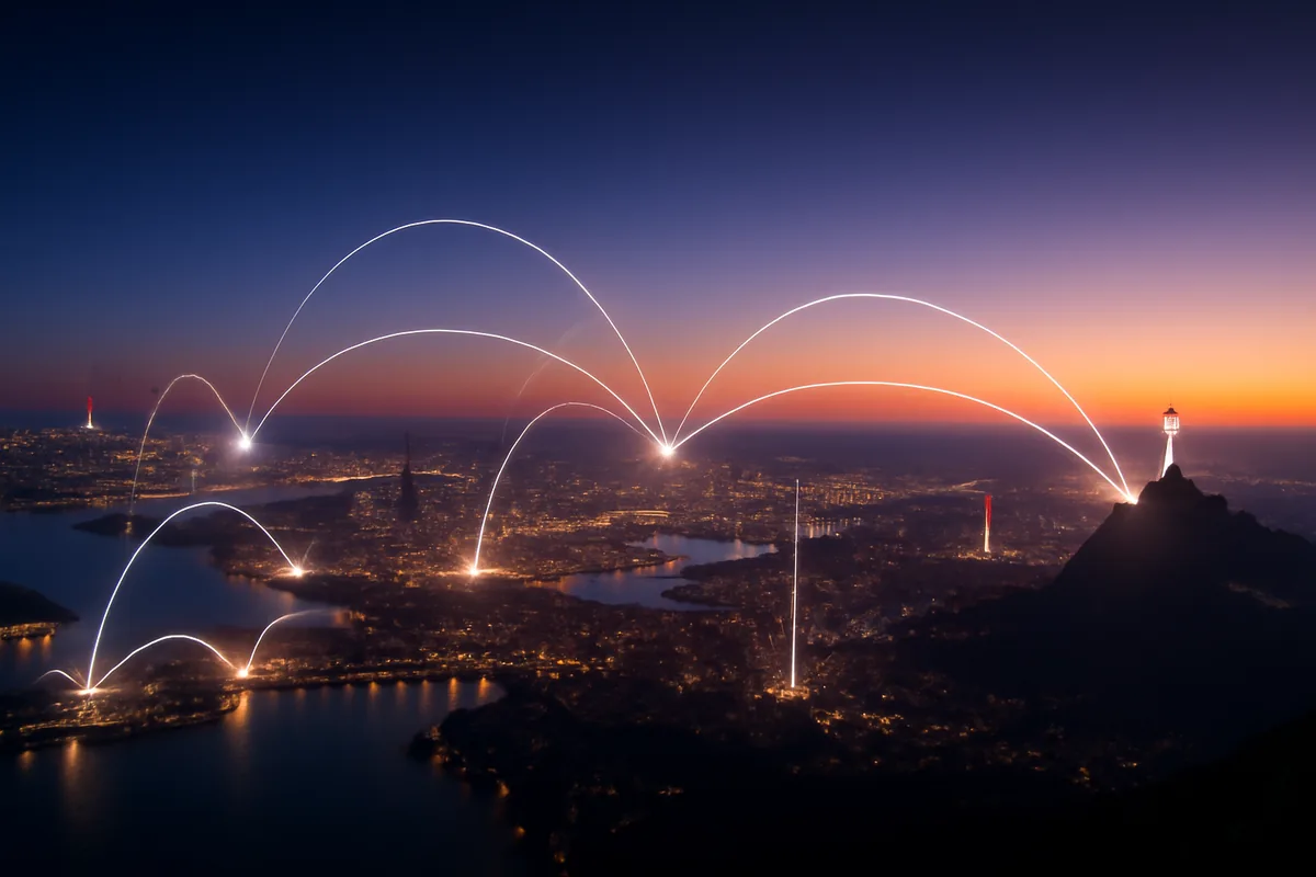 Aerial twilight view of interconnected global city skylines with warm amber and violet skies, representing seamless worldwide travel connectivity