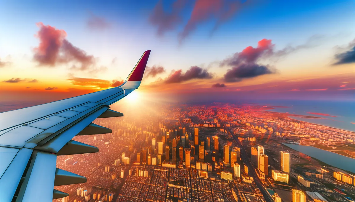 Aerial view from airplane window showing city skyline at sunset with golden lighting and dramatic clouds