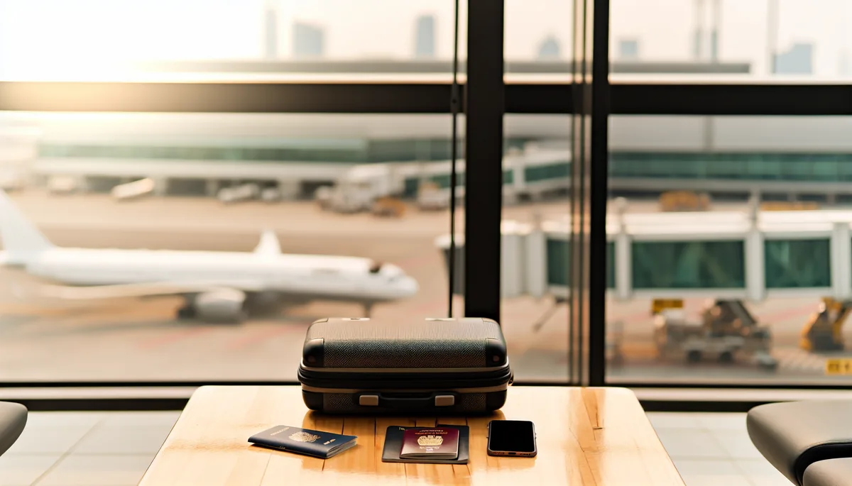 Travel preparation scene with luggage and passport on a table overlooking an airport terminal with planes in the background during golden hour