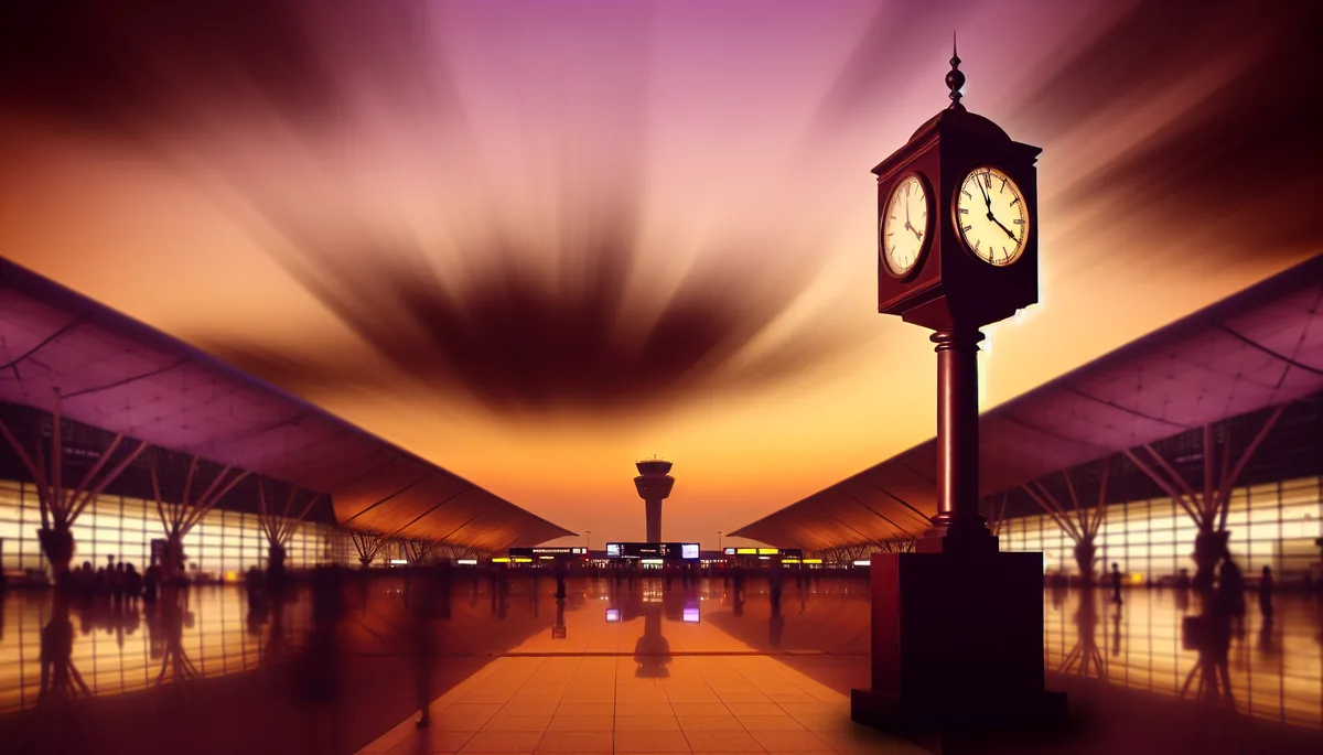 A majestic clock tower photographed during golden hour with an airport terminal visible in the soft-focus background, symbolizing travel timing and preparation