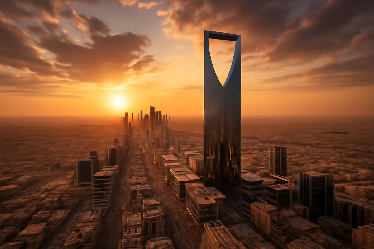 Aerial view of the Riyadh skyline at golden hour, featuring the iconic Kingdom Centre Tower surrounded by modern buildings against a warm desert sunset sky.