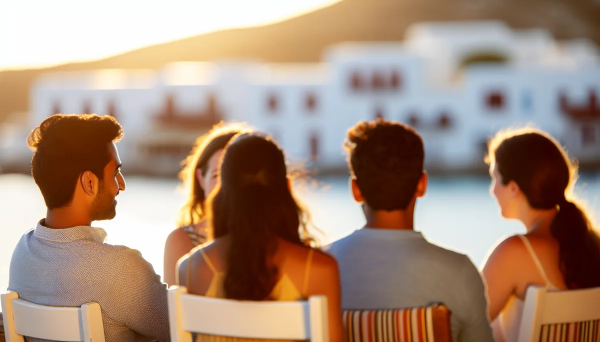 Group of travelers sitting together at a scenic Mediterranean coastal café terrace during golden hour, sharing a travel moment with ocean views