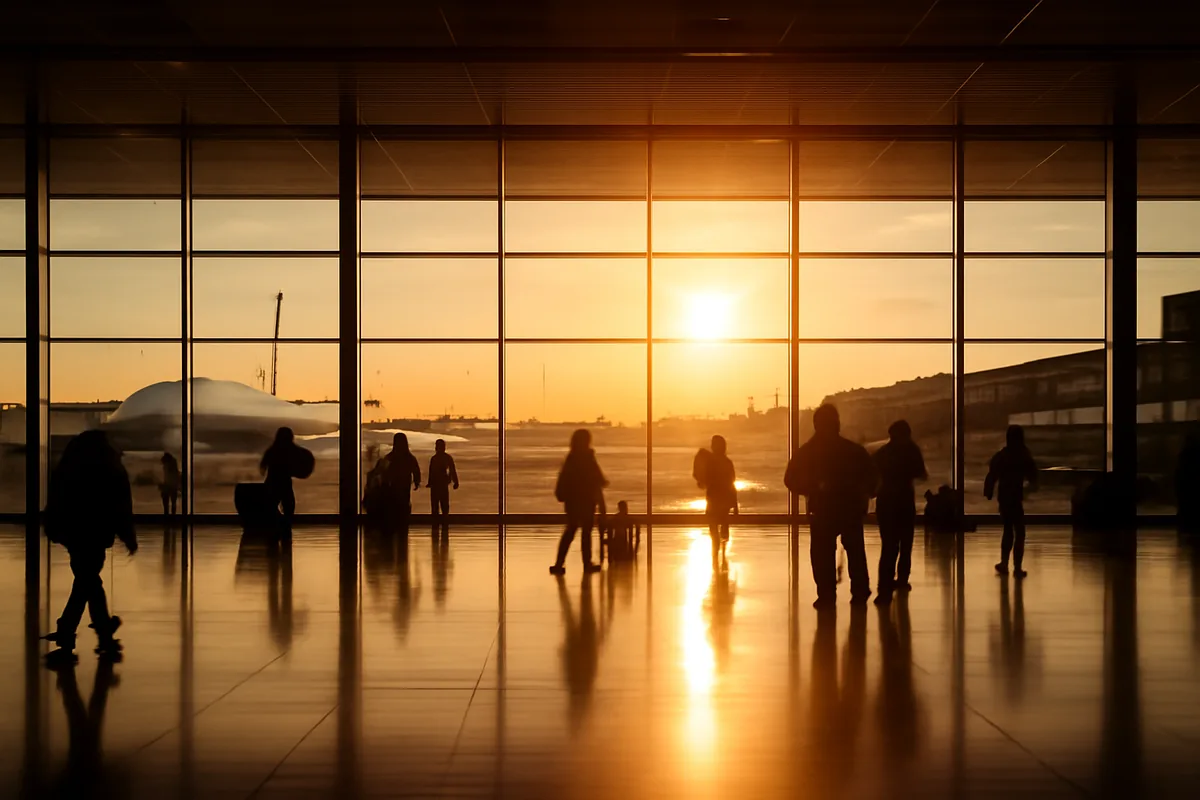 A modern international airport terminal at sunset, with silhouetted travelers moving through a spacious concourse and planes visible through large windows on the tarmac outside.