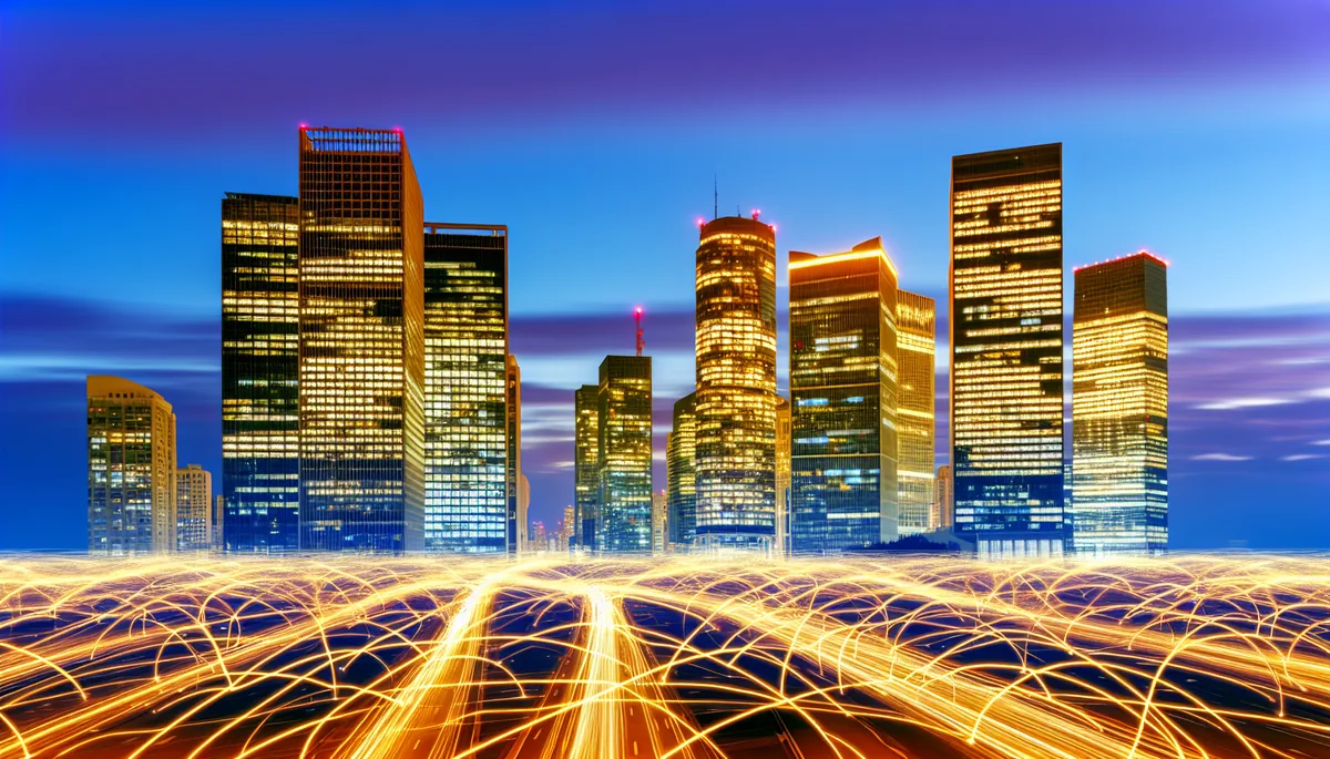 Modern city skyline at twilight with illuminated buildings connected by streams of light, representing digital connectivity and modern technology