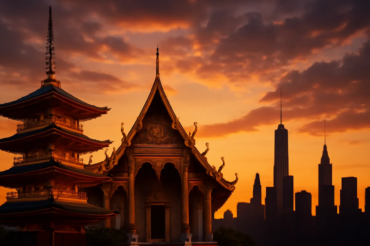 A breathtaking panoramic travel scene featuring iconic landmarks from Japan, Thailand, and the United States bathed in warm golden hour light, representing international travel destinations.