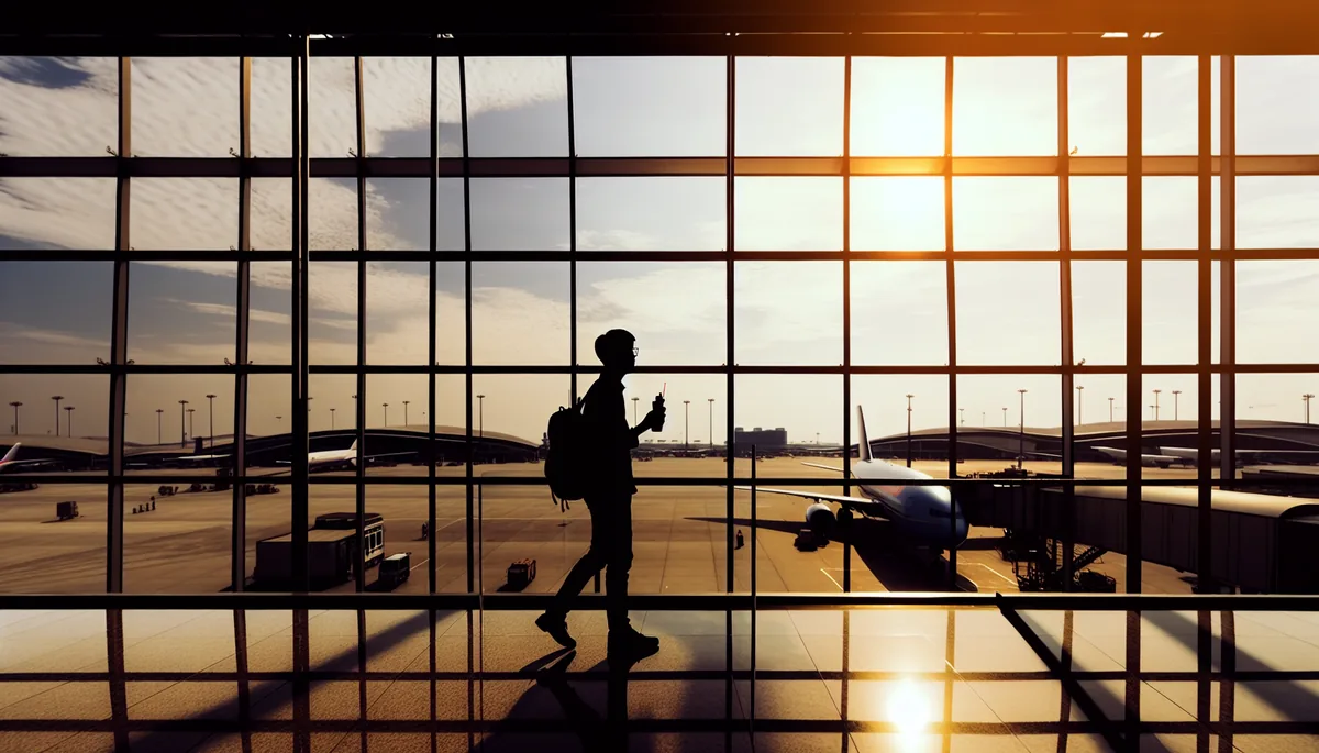 Silhouette of a traveler walking through a modern airport terminal with large windows and planes visible outside during golden hour