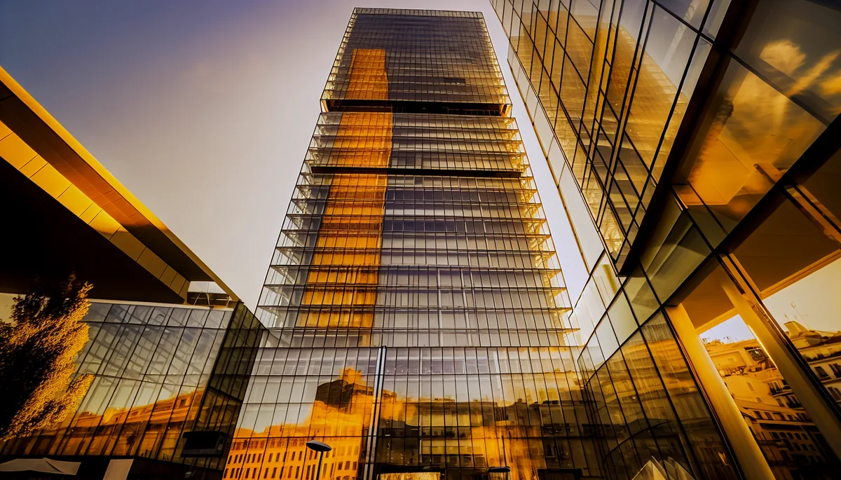 Modern glass skyscraper with reflective facade in a Spanish city during golden hour sunset