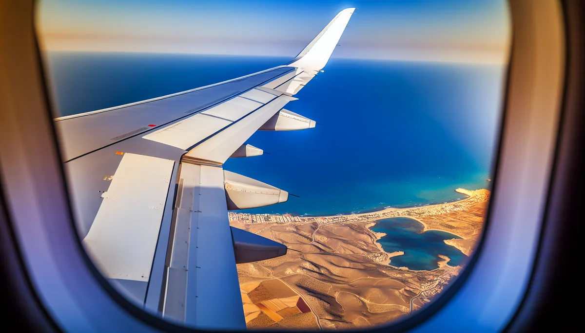 Aerial view from airplane window showing Spanish Mediterranean coastline with blue waters and golden beaches during flight