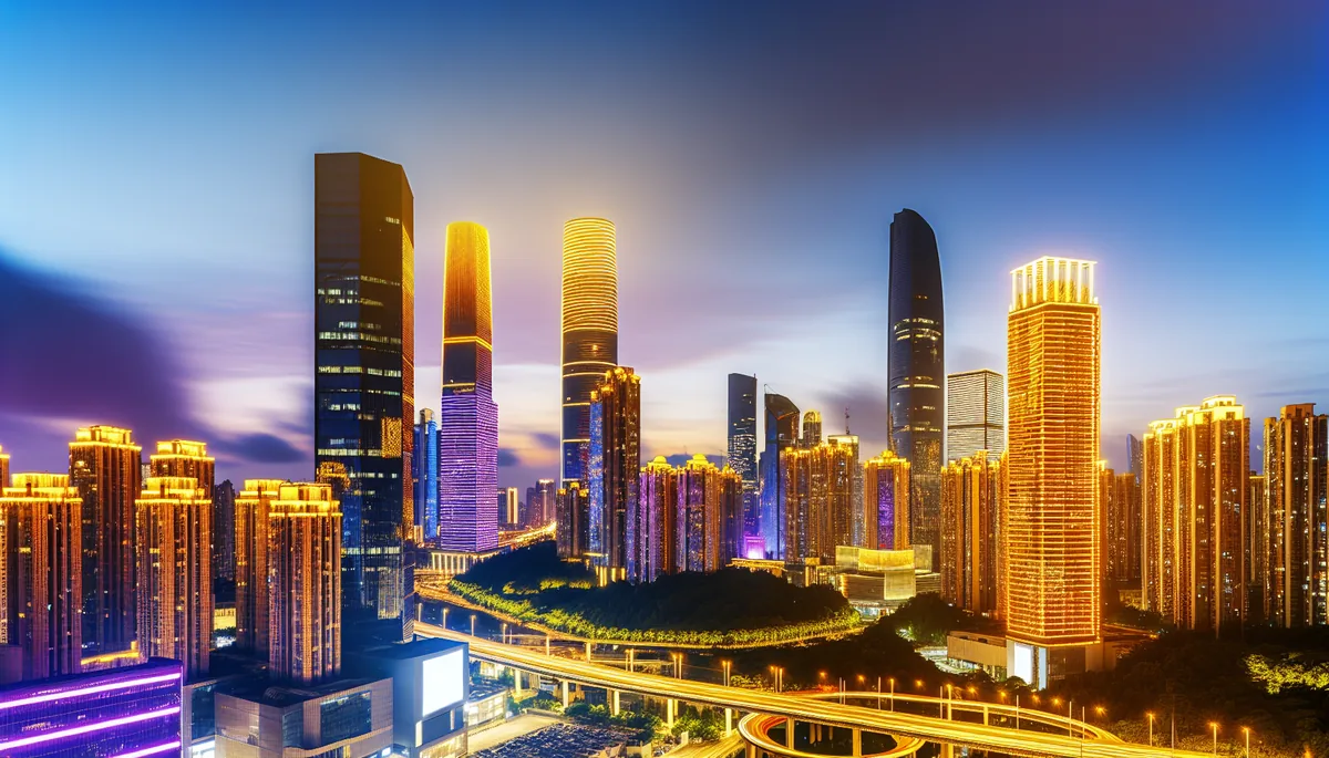Modern city skyline at twilight with illuminated buildings representing digital connectivity and modern technology