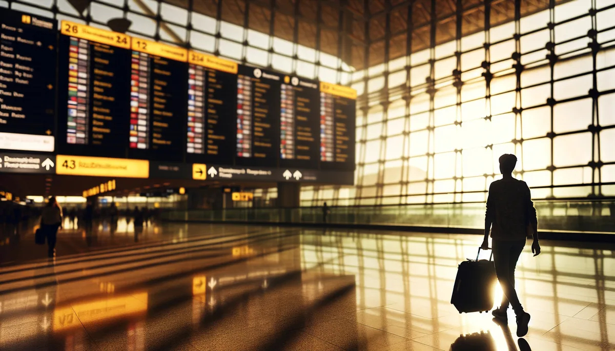 Silhouette of a traveler walking through a modern airport terminal with soft lighting and departure information in the background