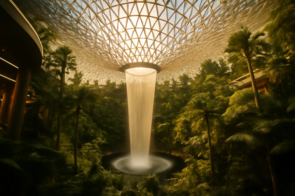Grand interior of Singapore Changi Airport featuring a stunning tropical garden atrium with a cascading waterfall, lush greenery, and a soaring glass ceiling bathed in natural light