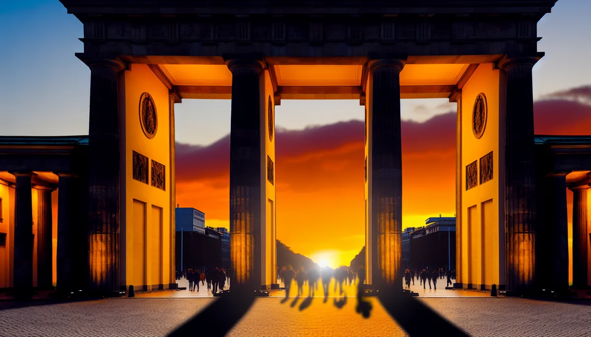 Brandenburg Gate in Berlin at sunset with golden lighting and silhouettes of tourists walking nearby
