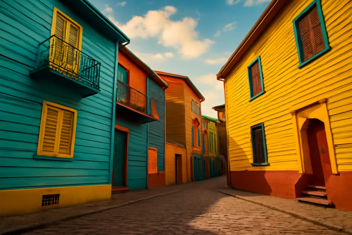 Colorful painted buildings lining a cobblestone street in the La Boca neighborhood of Buenos Aires, Argentina, bathed in warm golden afternoon light