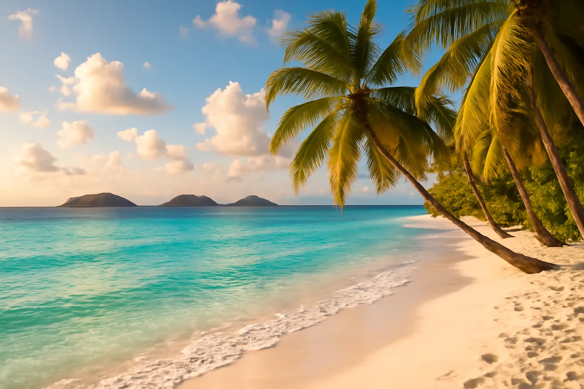 Stunning Caribbean beach scene with turquoise waters, white sand, palm trees, and distant tropical islands under golden sunlight