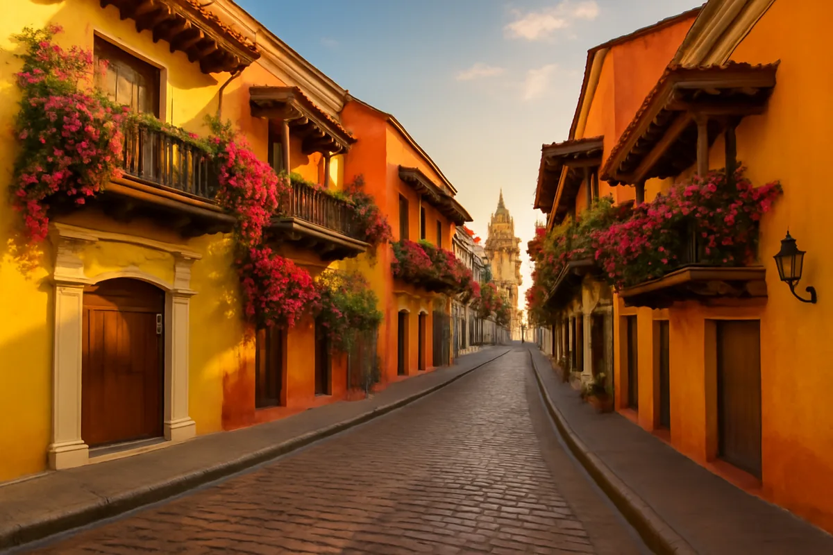Colorful colonial buildings in Cartagena, Colombia, with vibrant facades and tropical flowers, overlooking the Caribbean Sea at golden hour