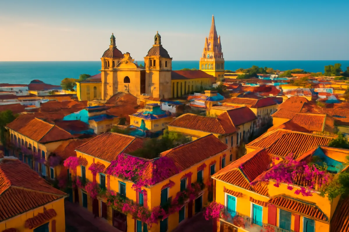 Aerial view of Cartagena de Indias colorful colonial architecture with turquoise Caribbean waters in the background at golden hour
