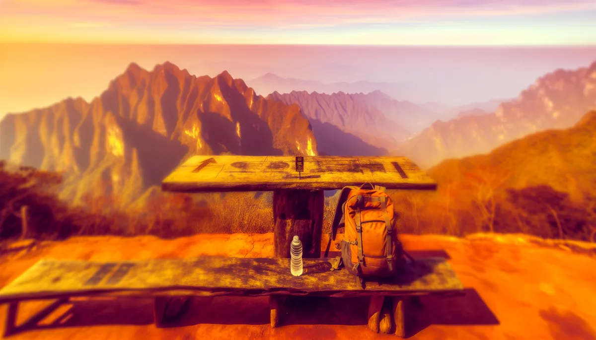 A traveler's backpack and water bottle rest on a wooden table at a mountain viewpoint, with a sweeping landscape vista stretching to the horizon under golden hour lighting